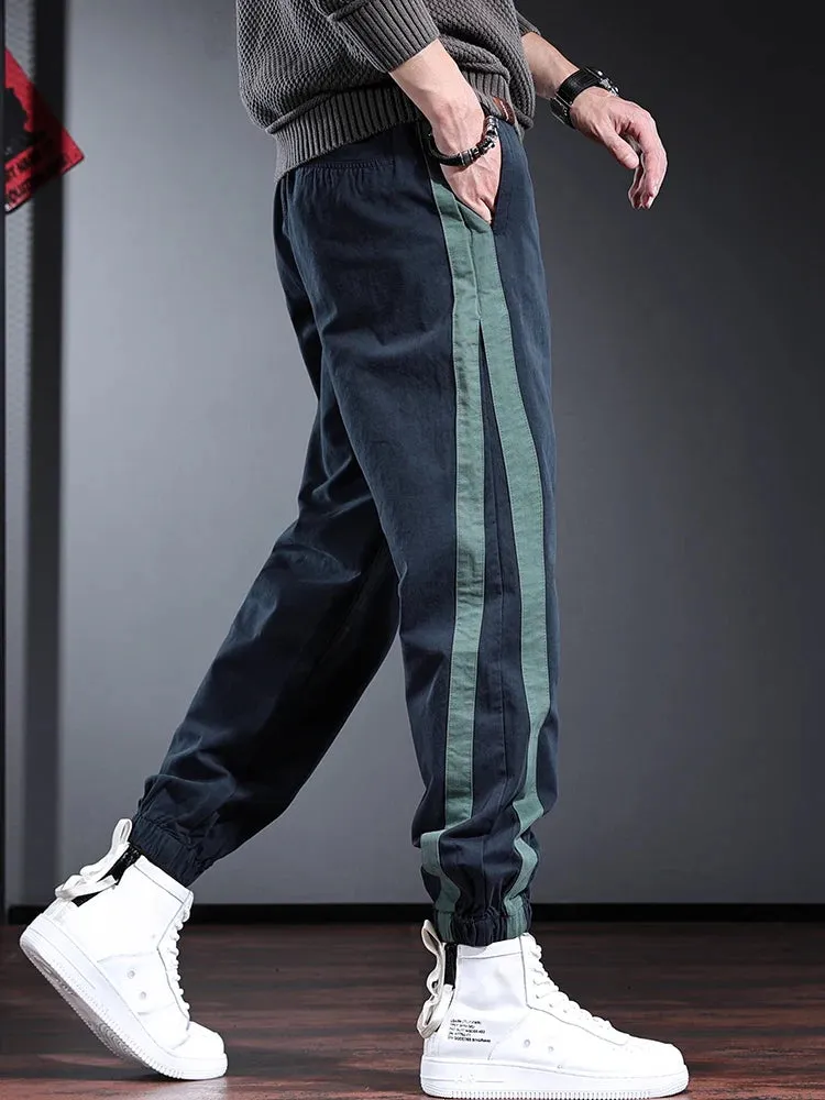 Men's Side Stripe Cotton Blue Pants: Fashion Sport Casual Elastic Waist Drawstring Jogging Trousers