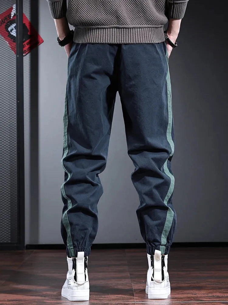 Men's Side Stripe Cotton Blue Pants: Fashion Sport Casual Elastic Waist Drawstring Jogging Trousers