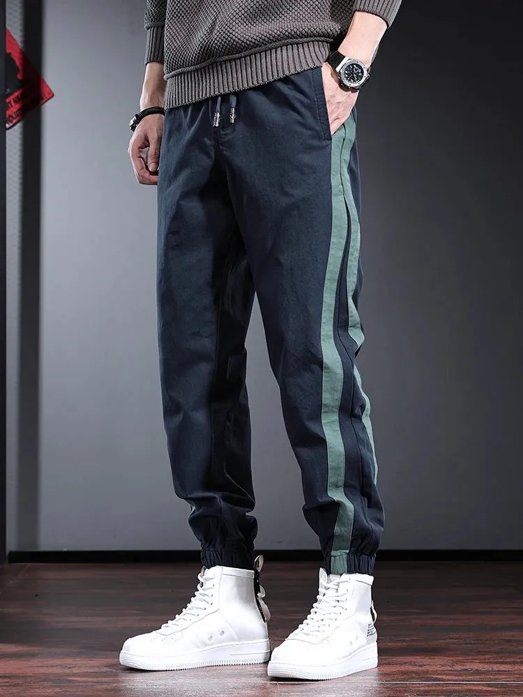Men's Side Stripe Cotton Blue Pants: Fashion Sport Casual Elastic Waist Drawstring Jogging Trousers