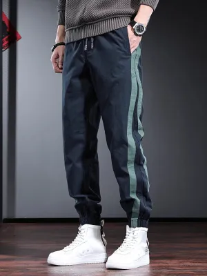 Men's Side Stripe Cotton Blue Pants: Fashion Sport Casual Elastic Waist Drawstring Jogging Trousers