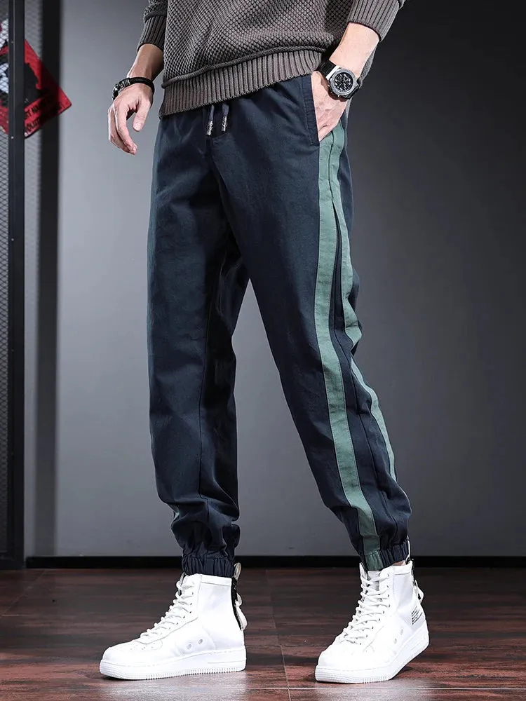 Men's Side Stripe Cotton Blue Pants: Fashion Sport Casual Elastic Waist Drawstring Jogging Trousers