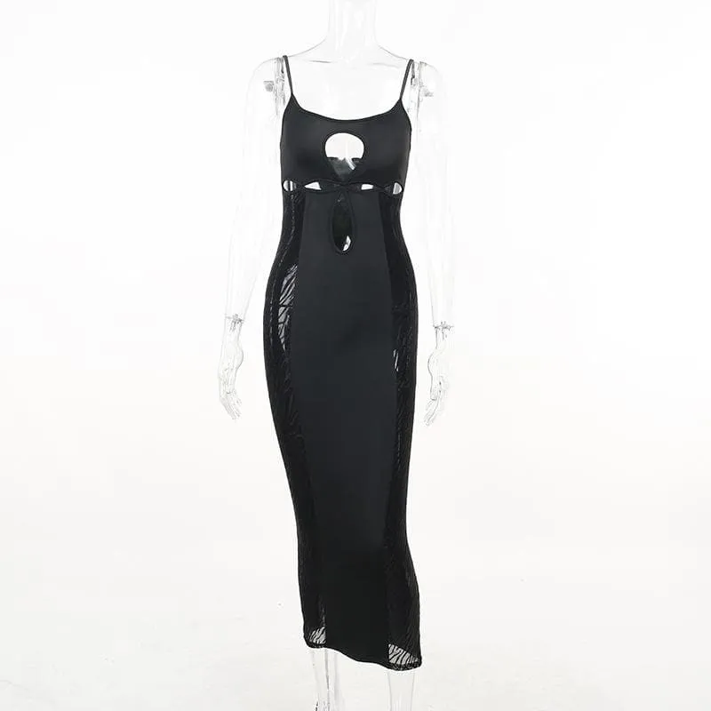 Mesh solid hollow out backless cami midi dress - Final Sale