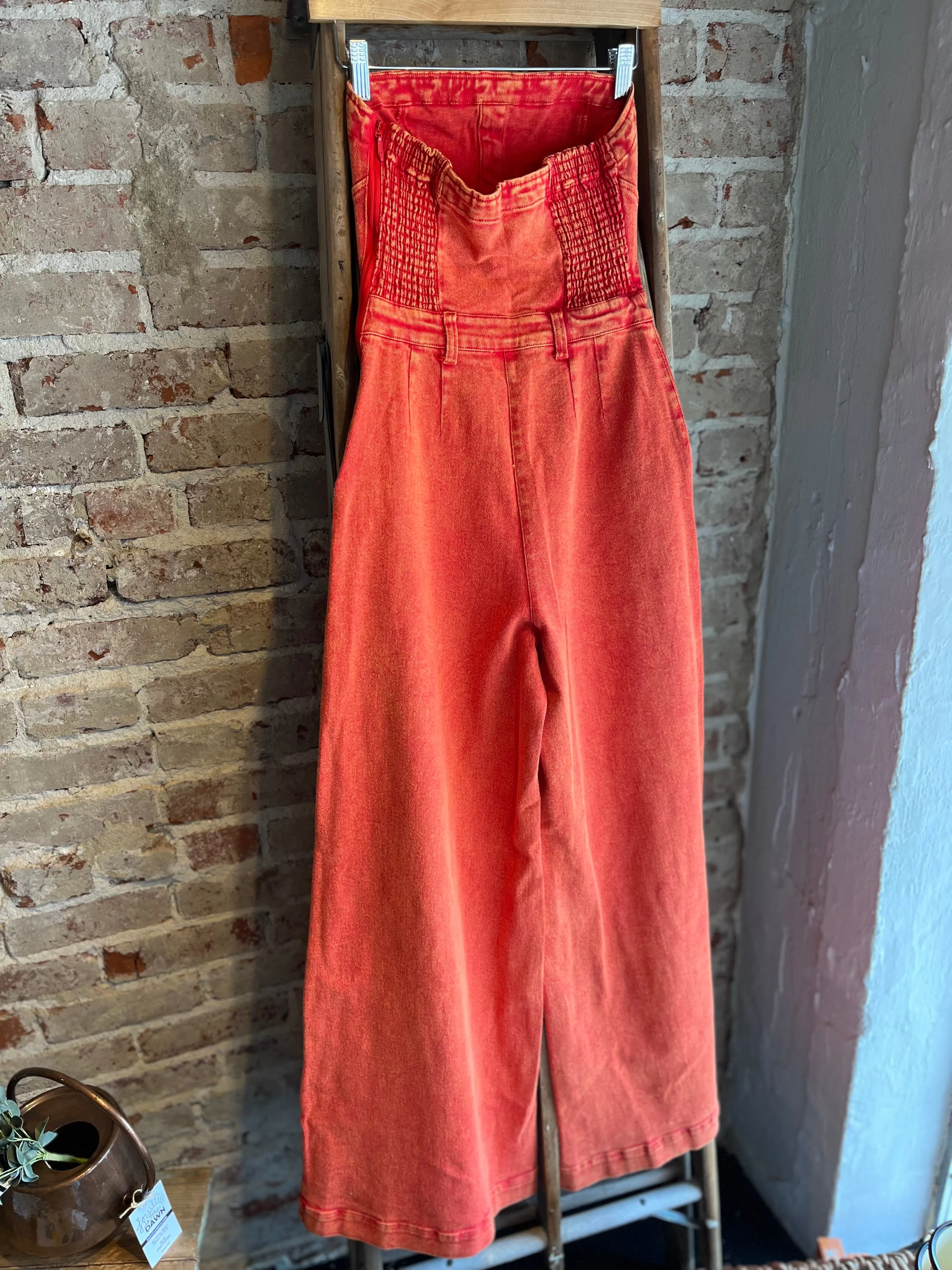 Mineral Washed Wide Leg Jumpsuit -Burnt Orange