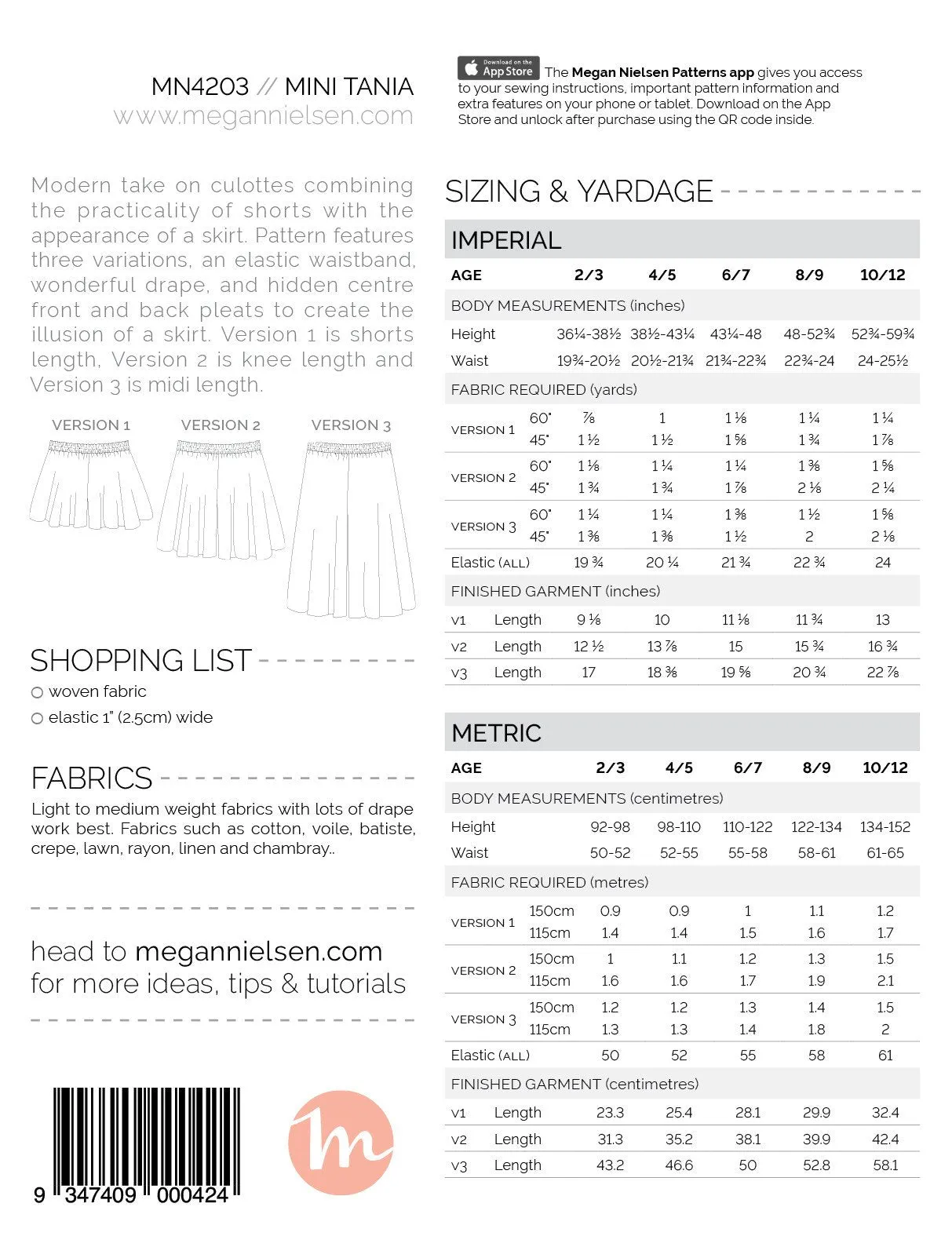 Mini Tania culottes pattern