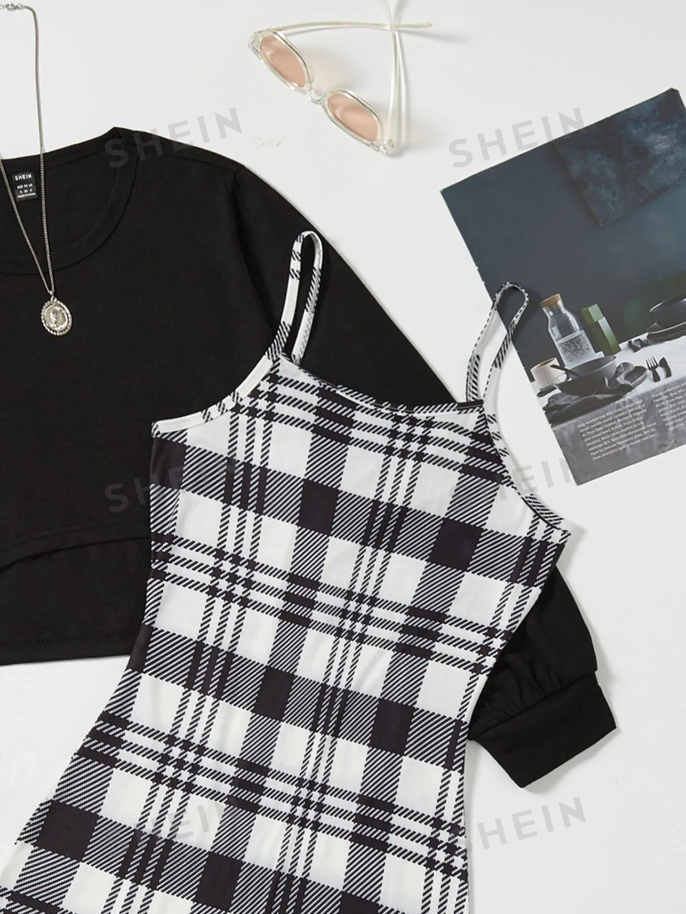MOOSTA Solid Tee & Plaid Print Cami Dress