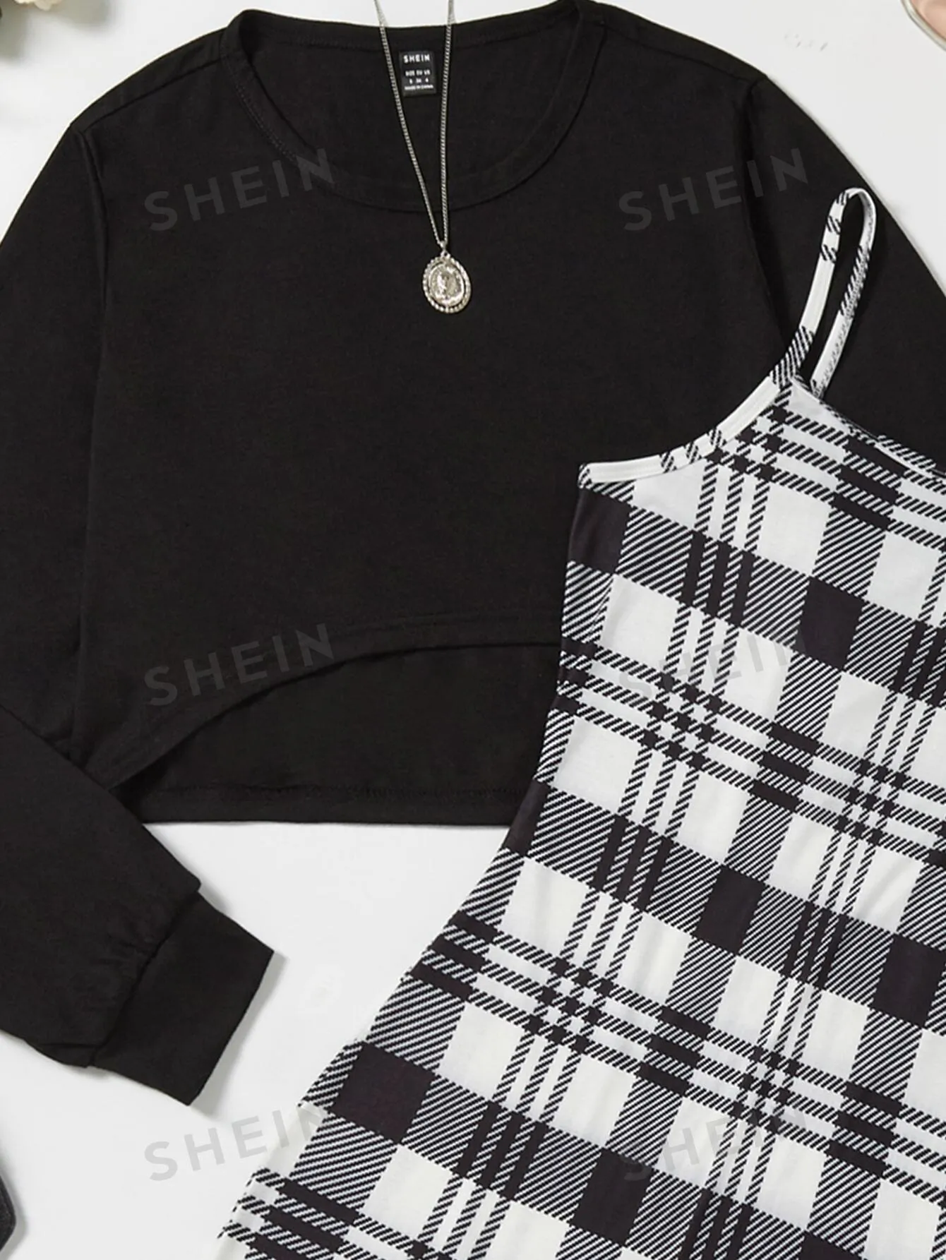 MOOSTA Solid Tee & Plaid Print Cami Dress
