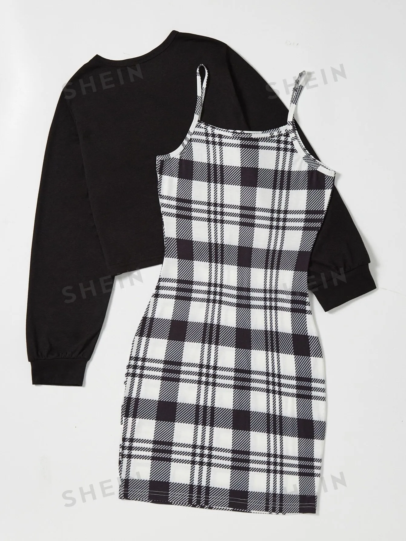 MOOSTA Solid Tee & Plaid Print Cami Dress