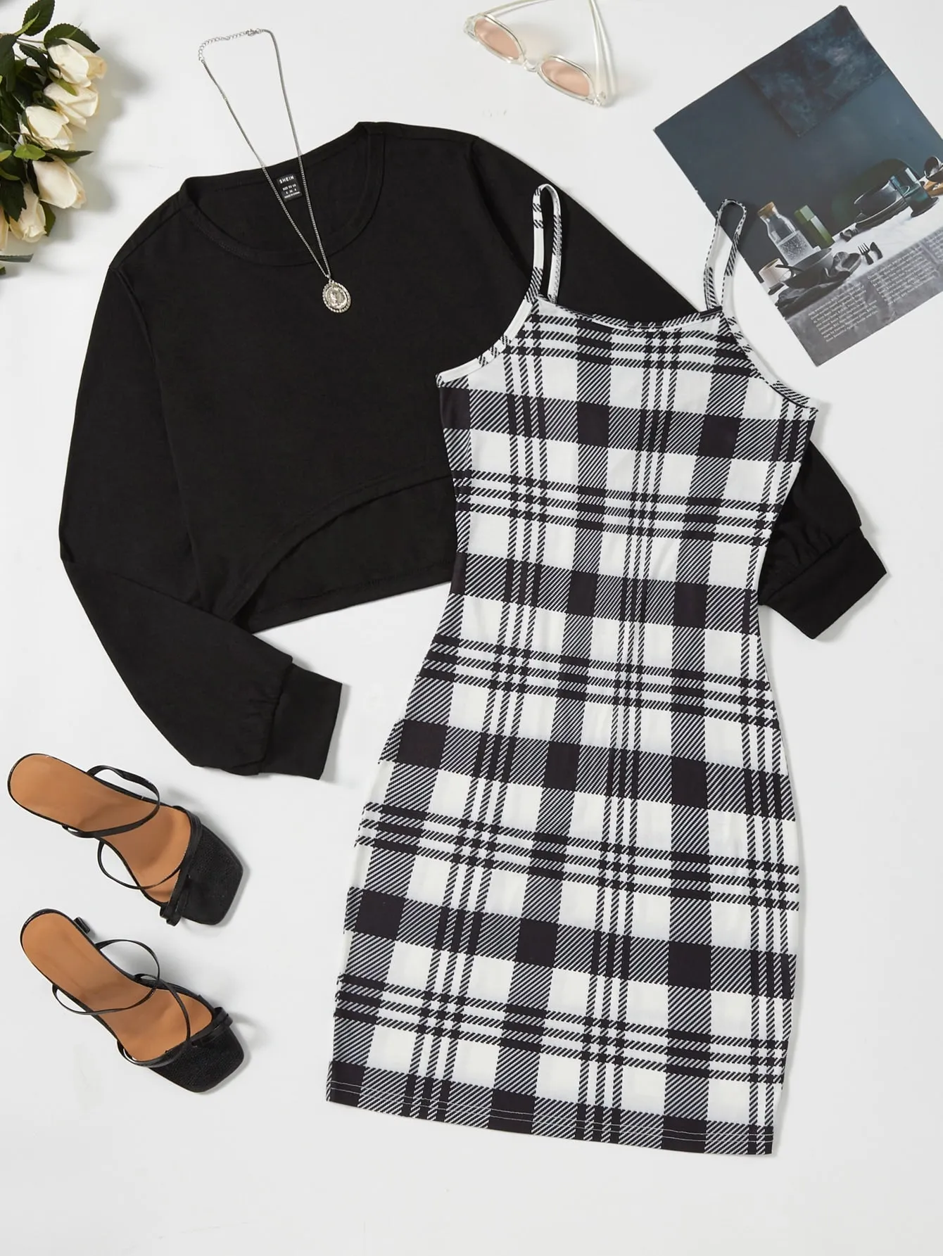 MOOSTA Solid Tee & Plaid Print Cami Dress