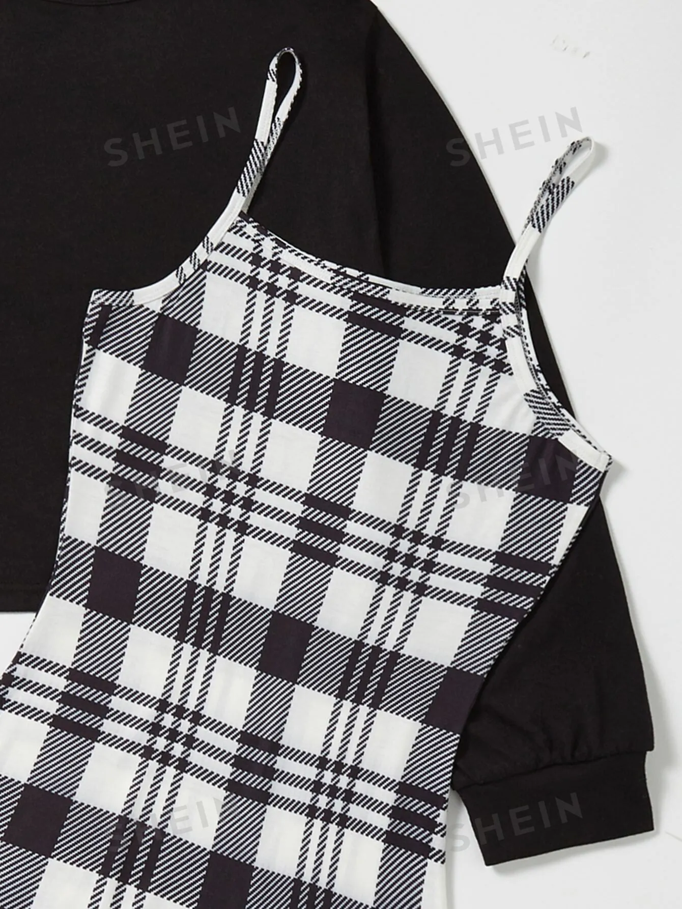 MOOSTA Solid Tee & Plaid Print Cami Dress