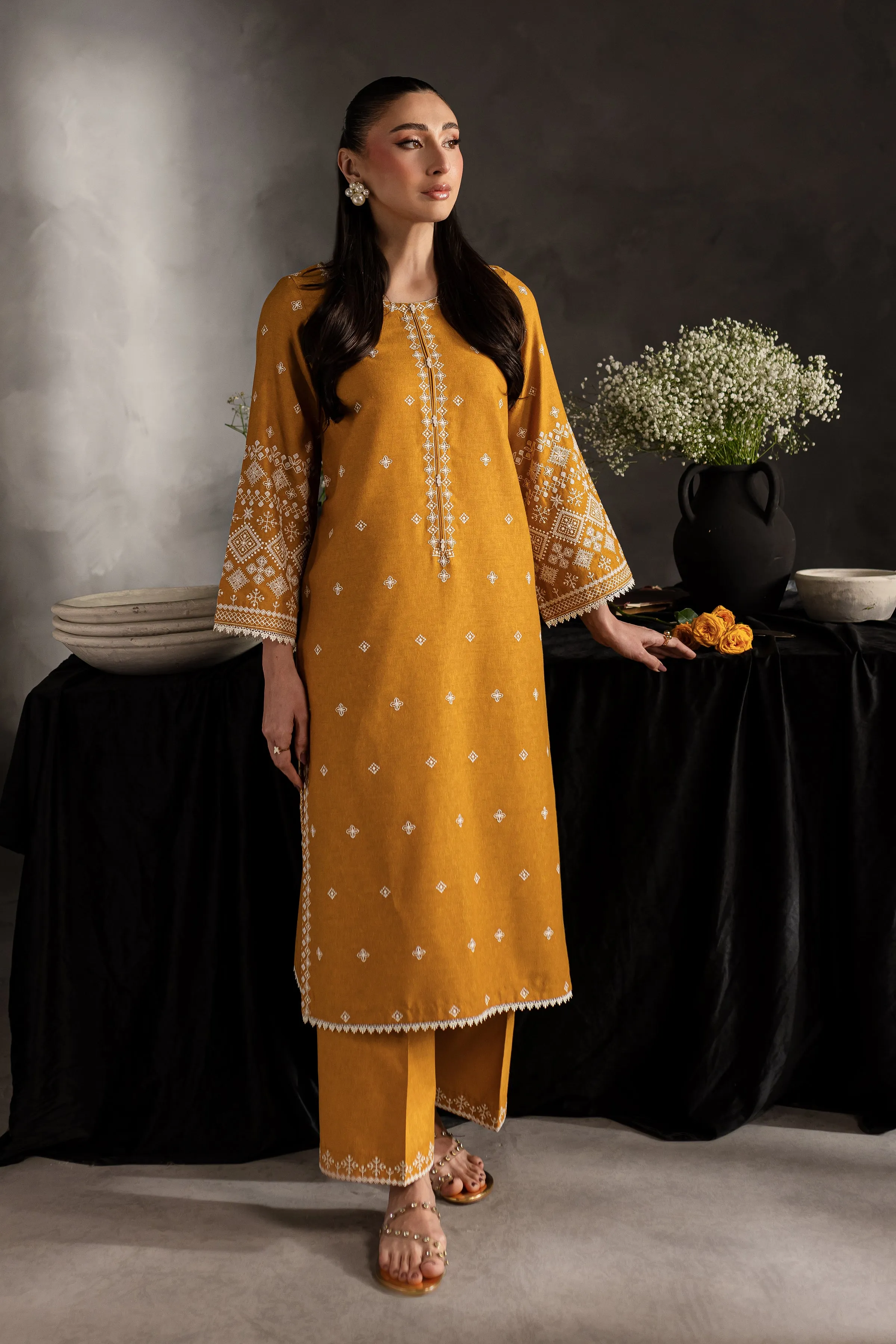 Mustard Jasper 2Pc - Embroidered Karandi Dress