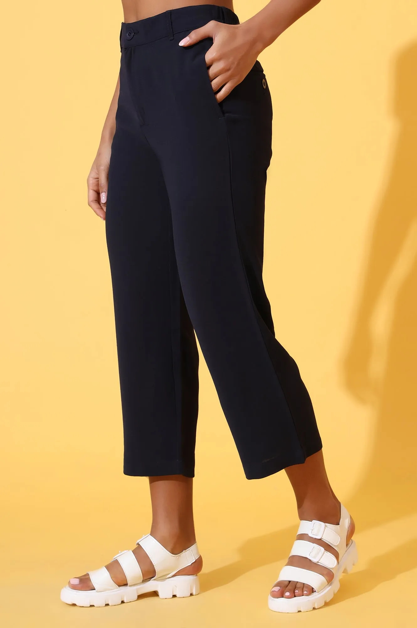 Navy Blue Solid Straight Western Culottes