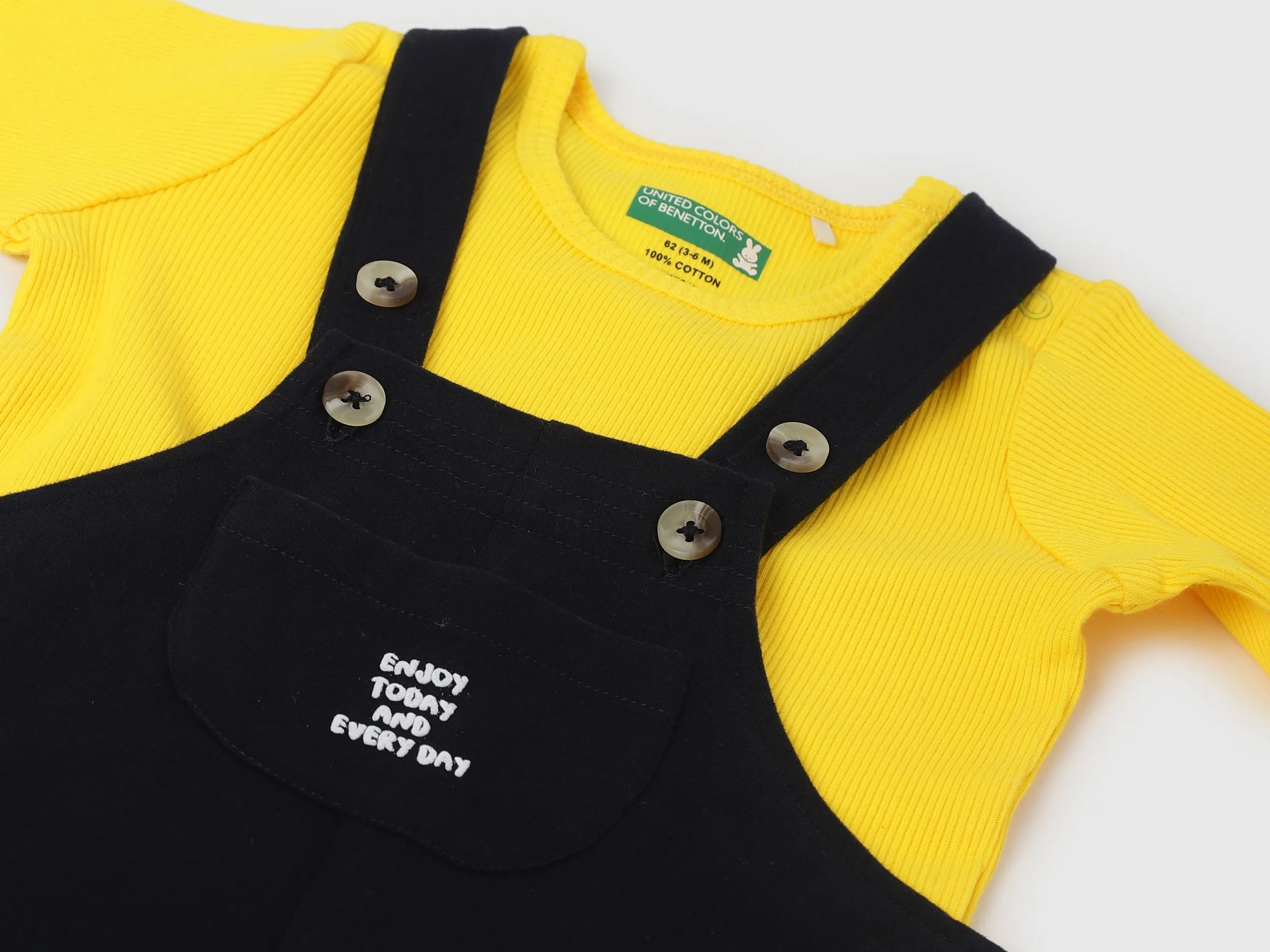 Pack of 2 Solid Dungarees with Regular Fit Round Neck Ribbed Baby T-Shirt