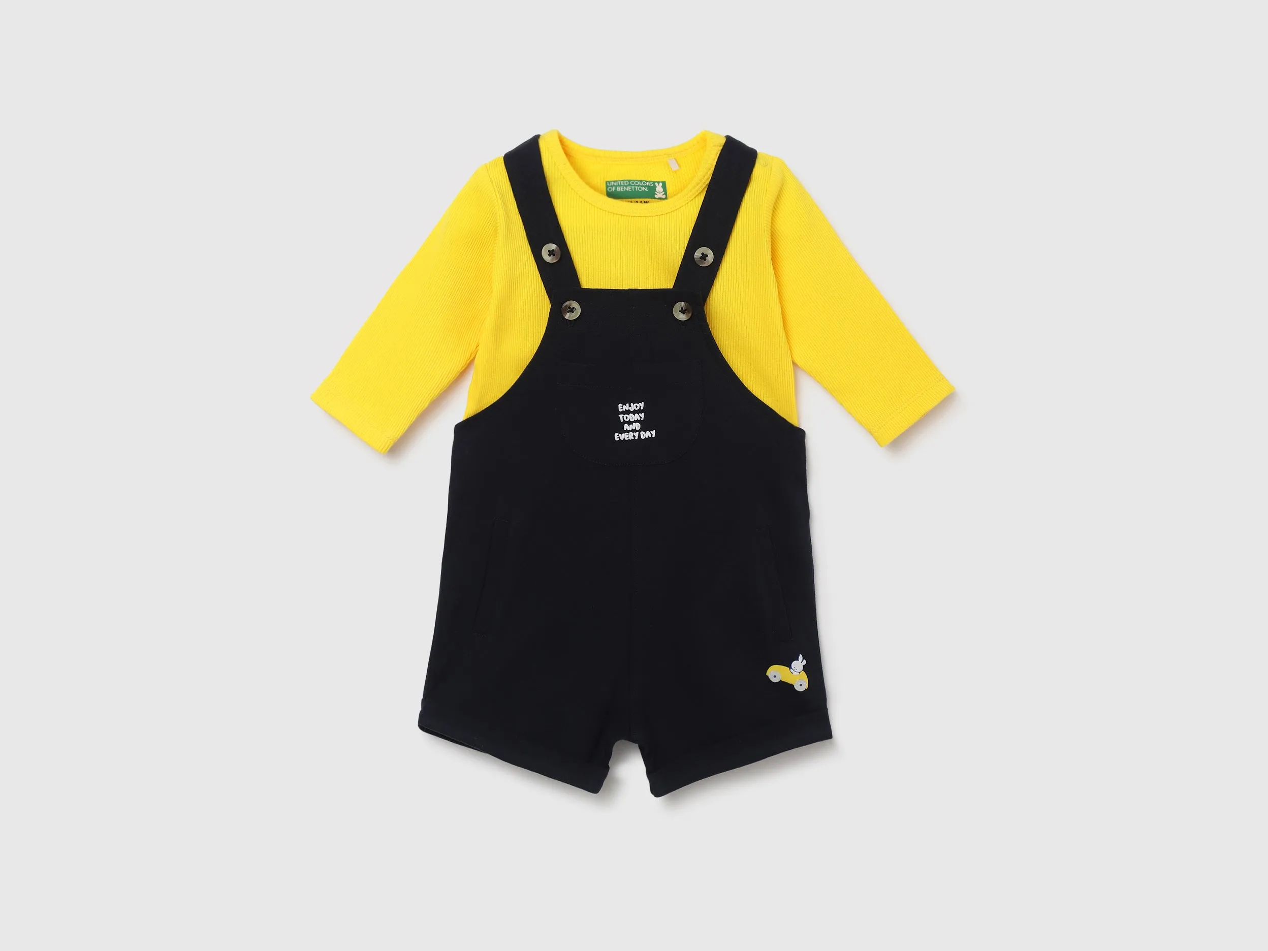 Pack of 2 Solid Dungarees with Regular Fit Round Neck Ribbed Baby T-Shirt