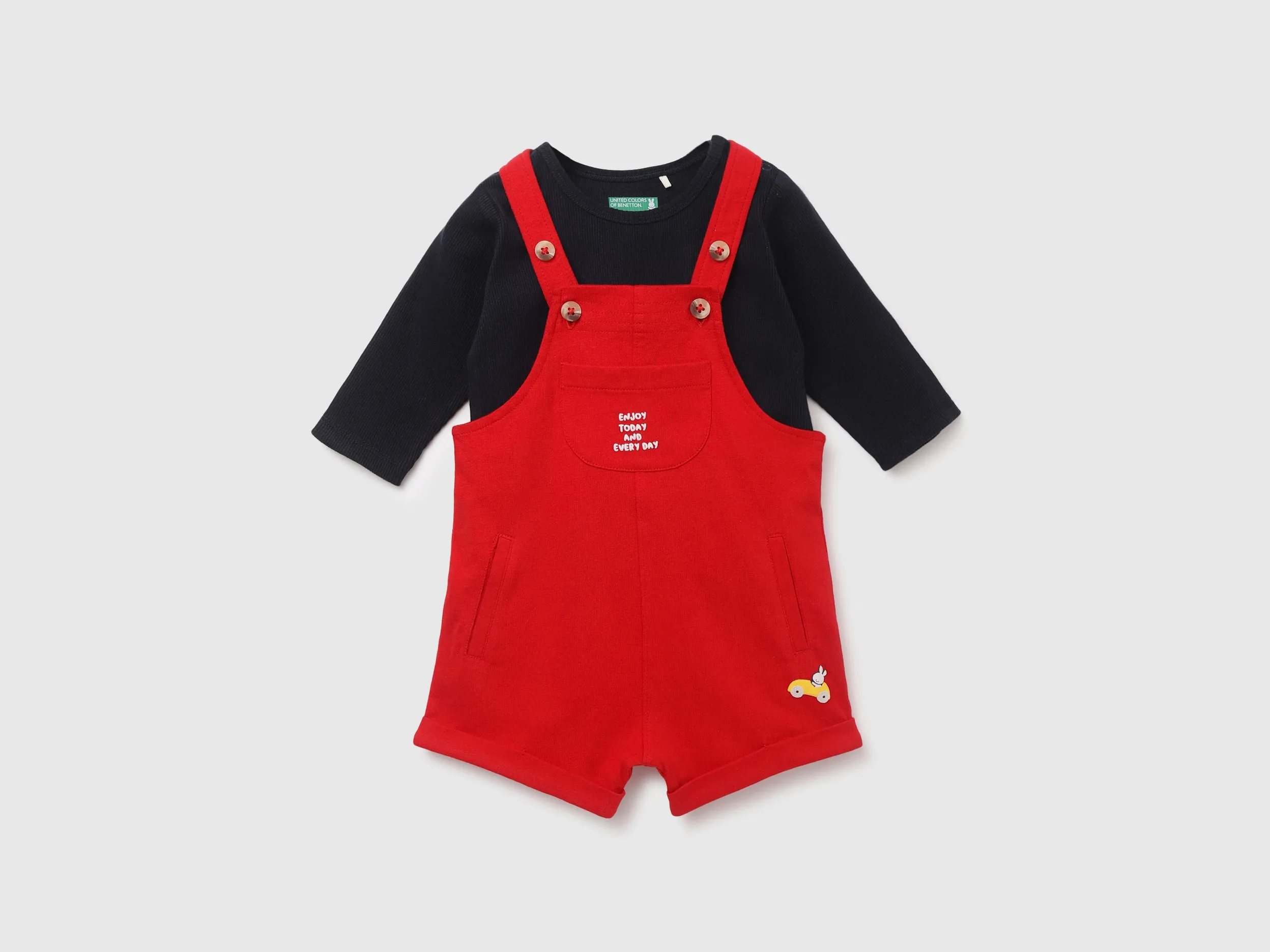 Pack of 2 Solid Dungarees with Regular Fit Round Neck Ribbed Baby T-Shirt