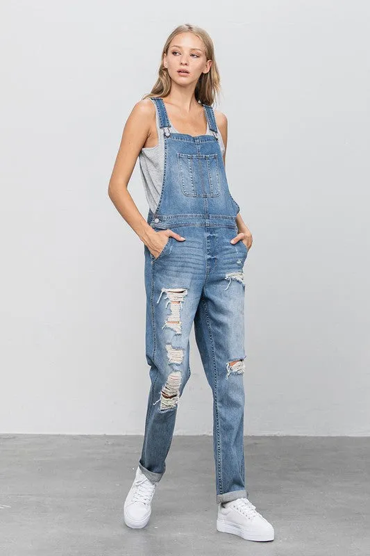 Patch Pocket Ripped Denim Overalls