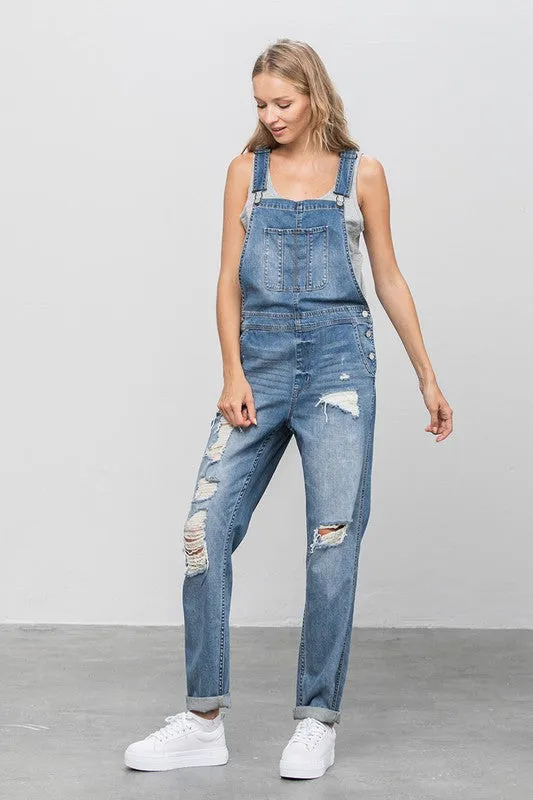 Patch Pocket Ripped Denim Overalls
