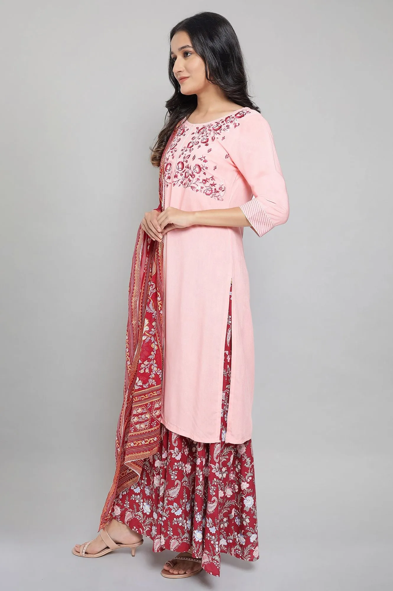 Peach kurta with Maroon Culottes and Dupatta