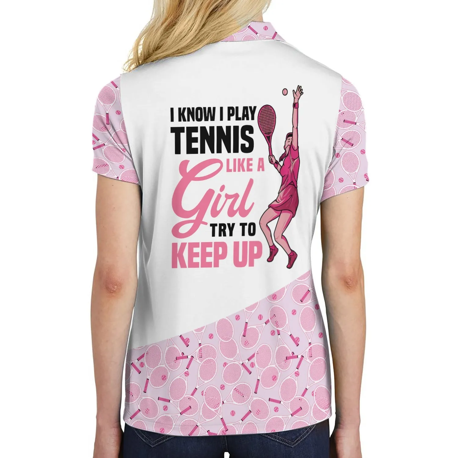 Personalized Custom Name I Play Tennis Like A Girl Custom Cosplay Short Sleeve Woman Polo Shirt, White And Pink Tennis Polo Shirt For Ladies