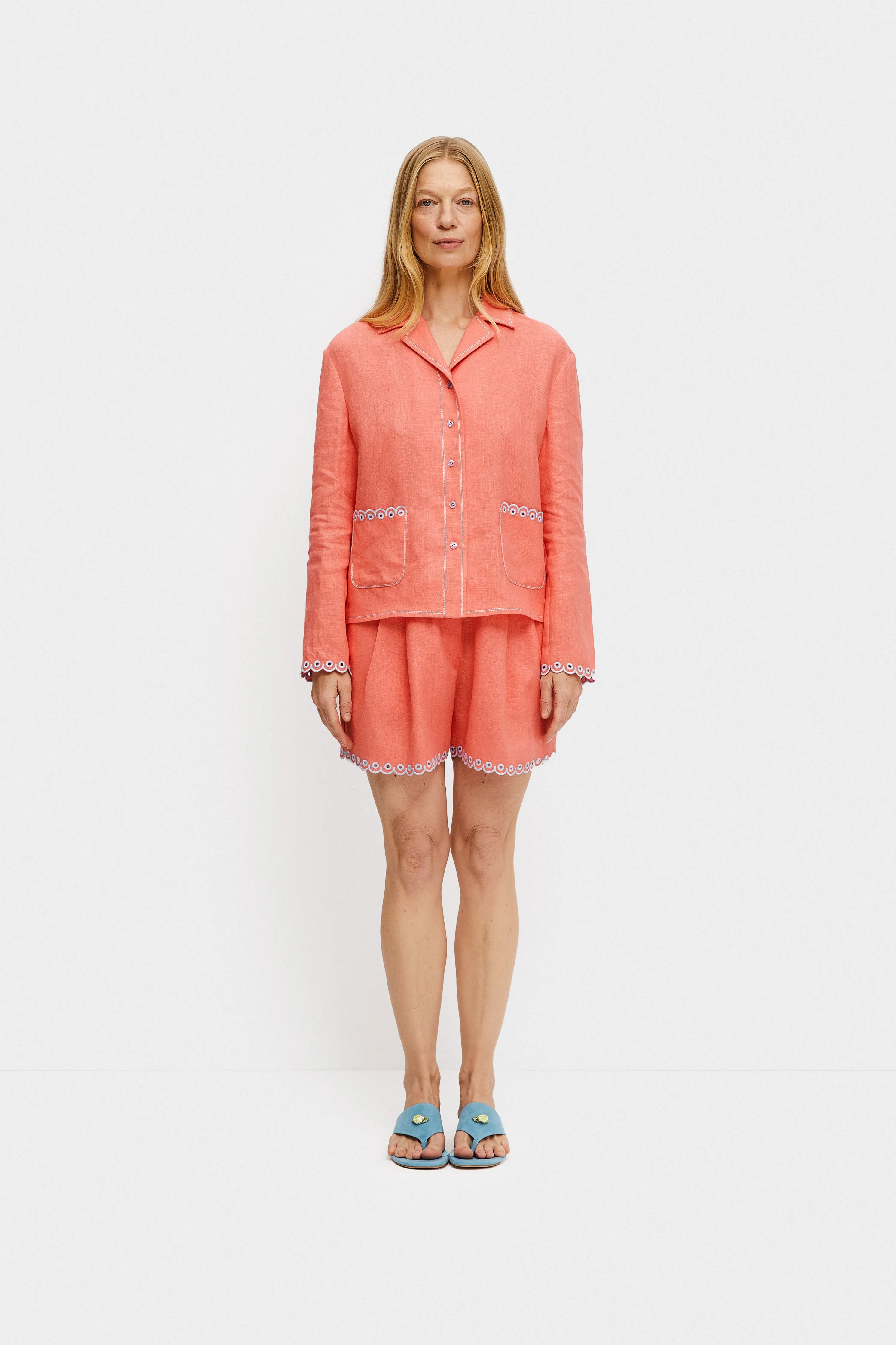 Petra Embroidered Linen Shorts - Strawberry