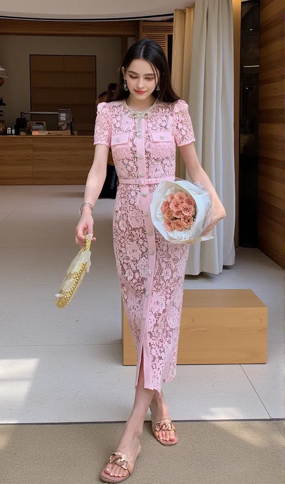 PINK LACE DIAMANTE BOW MIDI DRESS