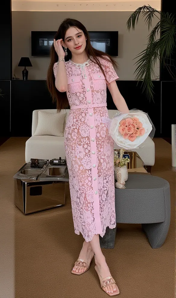 PINK LACE DIAMANTE BOW MIDI DRESS