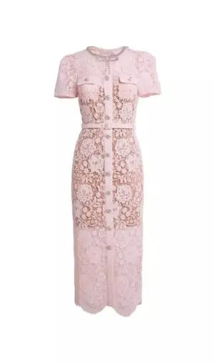 PINK LACE DIAMANTE BOW MIDI DRESS
