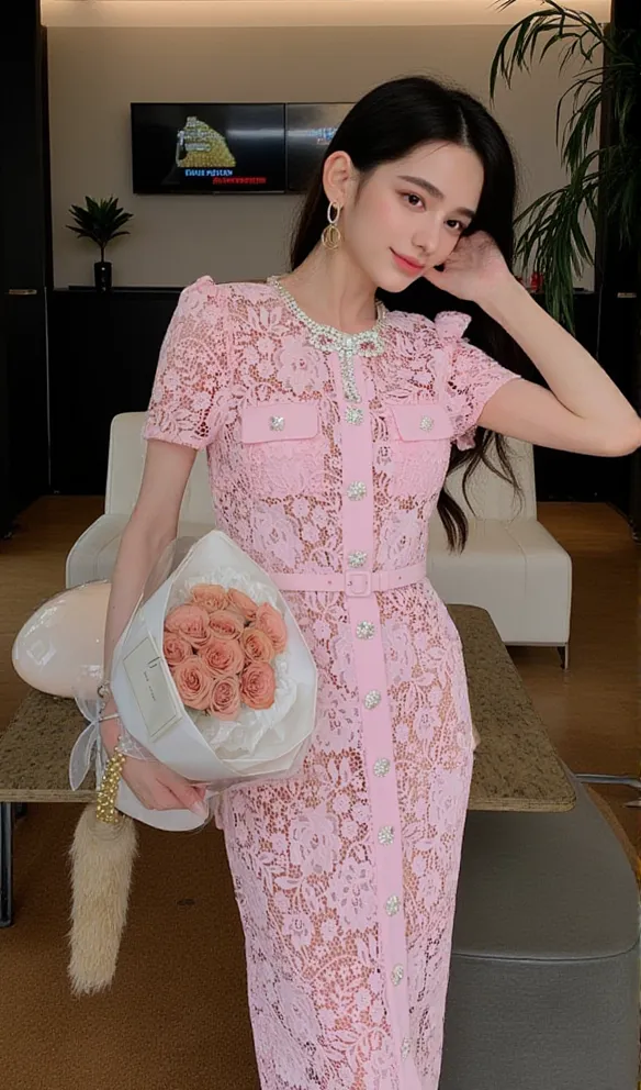 PINK LACE DIAMANTE BOW MIDI DRESS