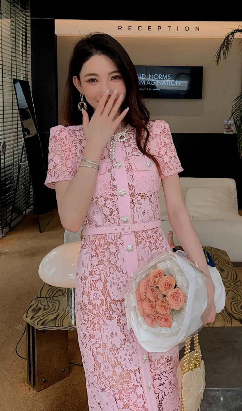 PINK LACE DIAMANTE BOW MIDI DRESS
