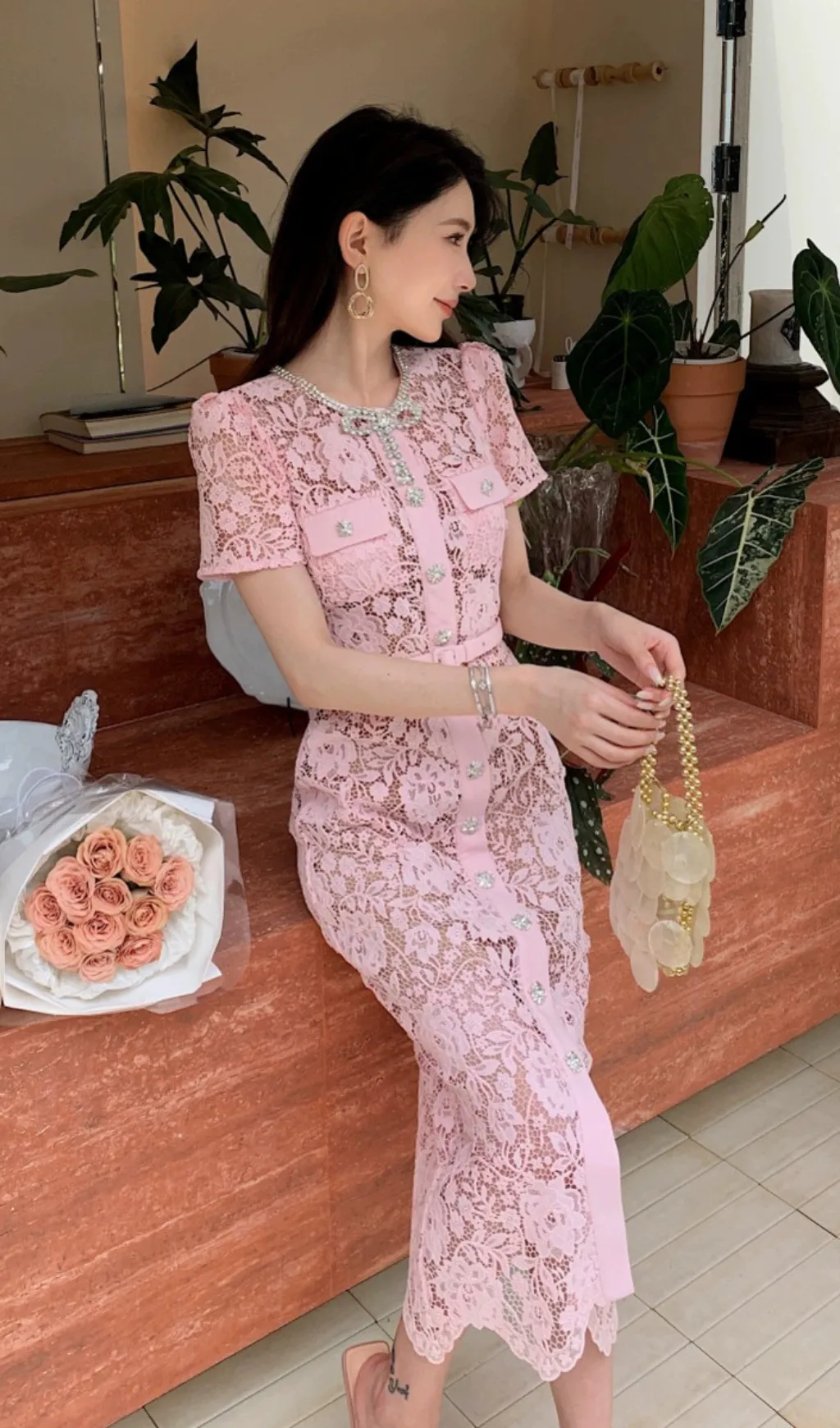 PINK LACE DIAMANTE BOW MIDI DRESS