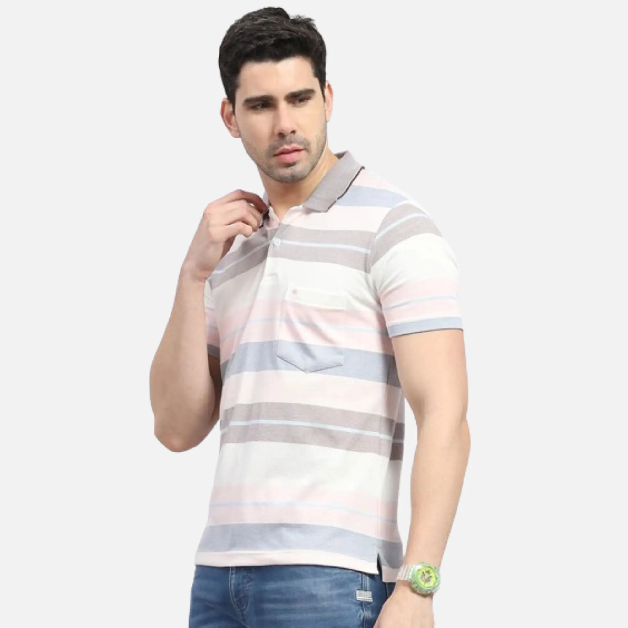 Pink Stripe Polo Collar Half Sleeve T-Shirt