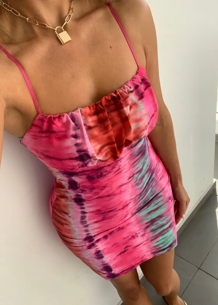 Pink Tie Dye Ruch Bust Dress
