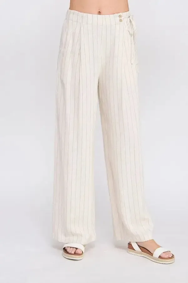 PINSTRIPE LINEN ELASTIC BACK WAIST SIDE TIE PANTS