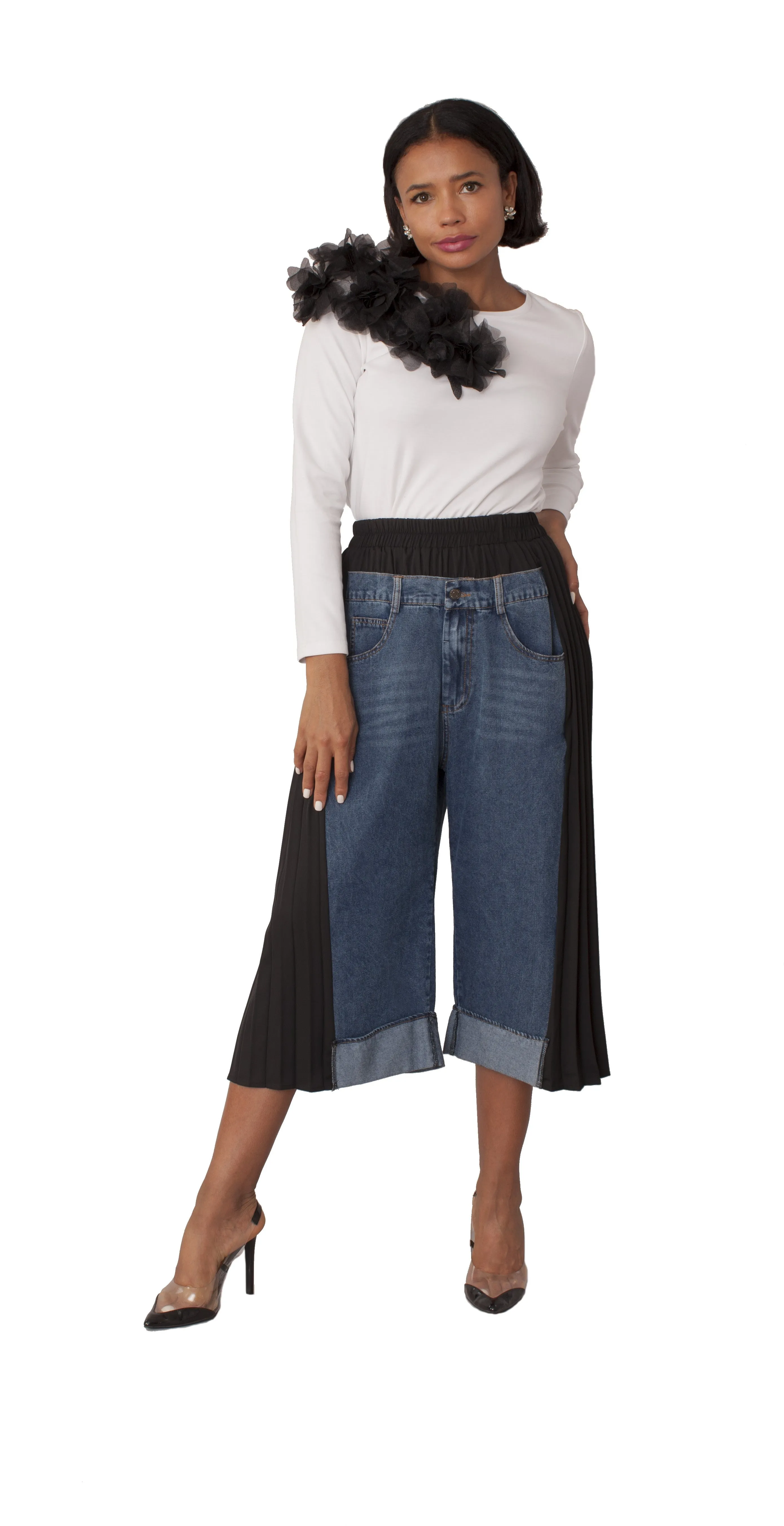 Pleated Panel Denim Culottes -82467