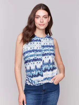 Printed Cotton Slub Tank Top with Knot Detail - Lake Tahoe - C1365Q