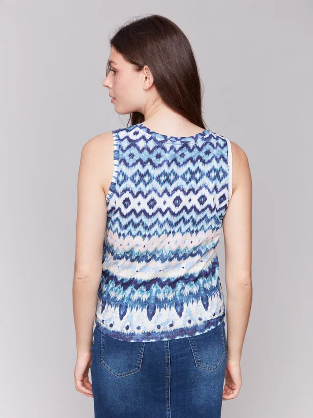 Printed Cotton Slub Tank Top with Knot Detail - Lake Tahoe - C1365Q