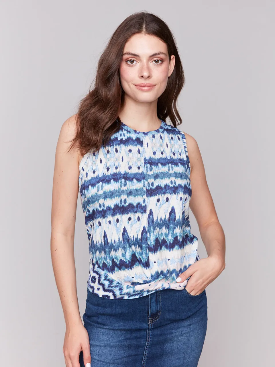 Printed Cotton Slub Tank Top with Knot Detail - Lake Tahoe - C1365Q