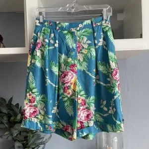 Ralph Lauren Vtg 90's Linen Floral High Waist Pleats Bermuda Shorts Cottagecore