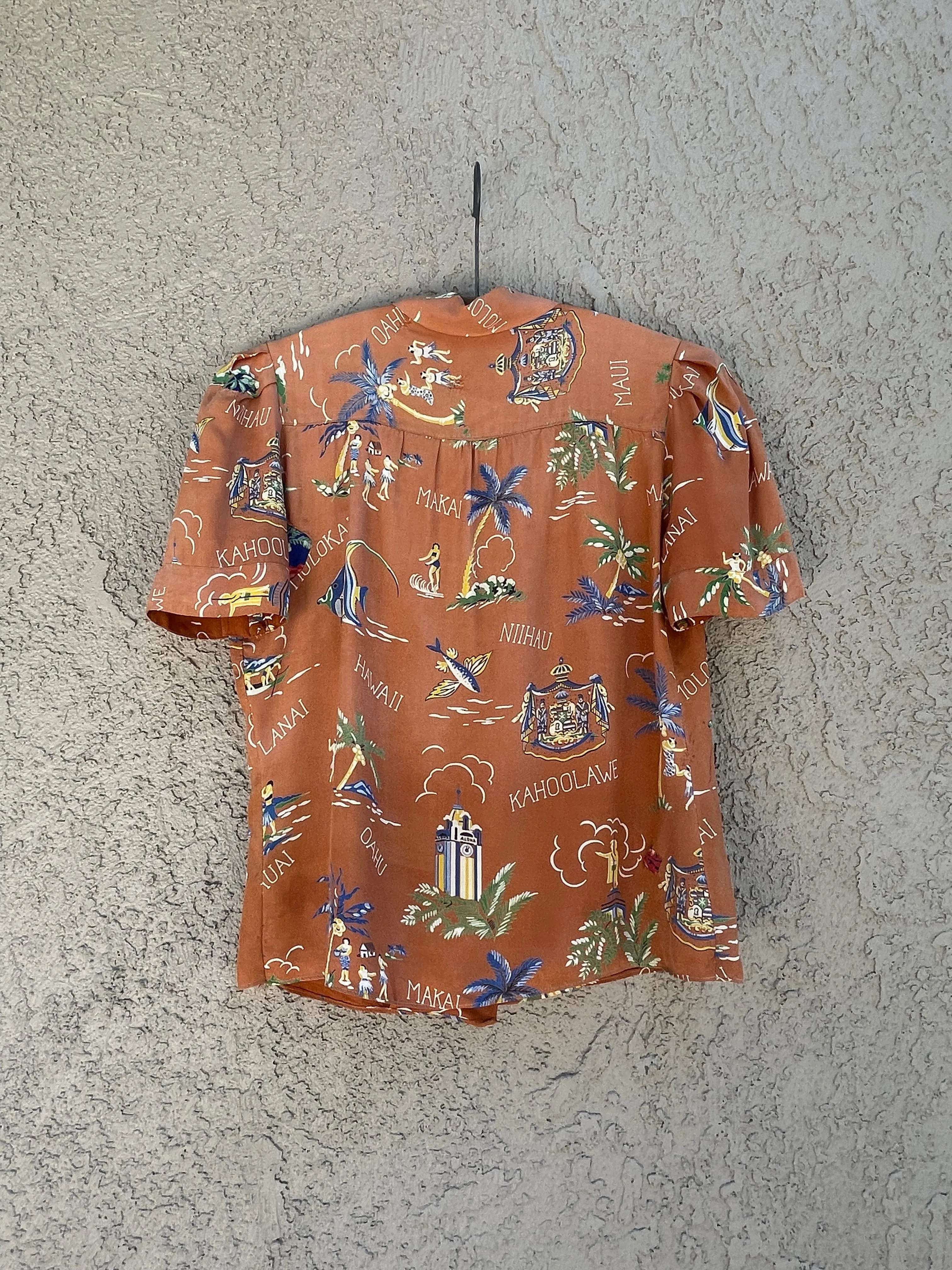 Rare Hawaiian Islands Cold Rayon Puff Sleeve Loop Collar Blouse