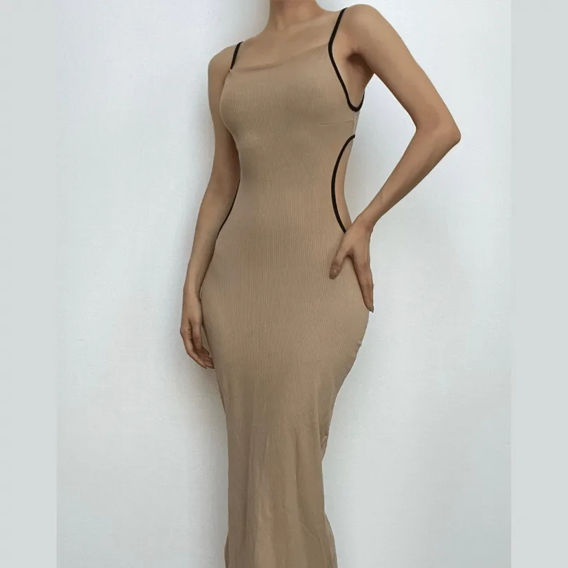 Ribbed contrast hollow out self tie backless slit cami midi dress