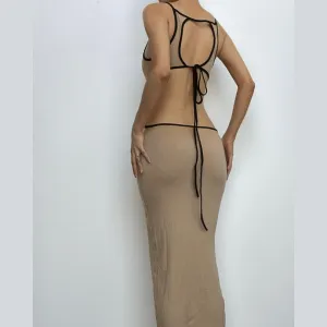 Ribbed contrast hollow out self tie backless slit cami midi dress