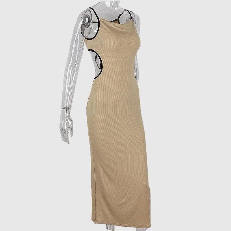 Ribbed contrast hollow out self tie backless slit cami midi dress