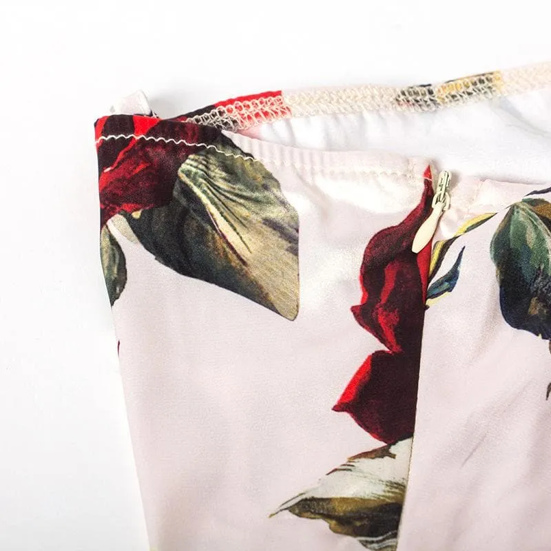 Rose flower print satin contrast cowl neck backless zip-up cami midi dress