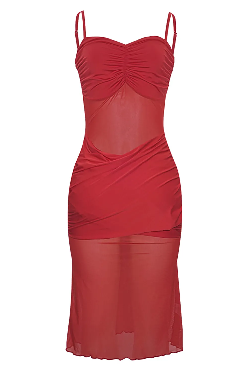 Ruched See Through Mesh Party Slip Midi Dresses-Red