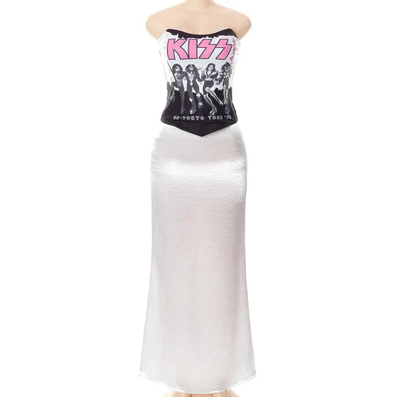 Satin abstract print contrast low cut tube top midi skirt set