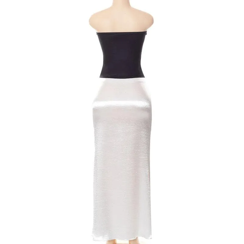 Satin abstract print contrast low cut tube top midi skirt set