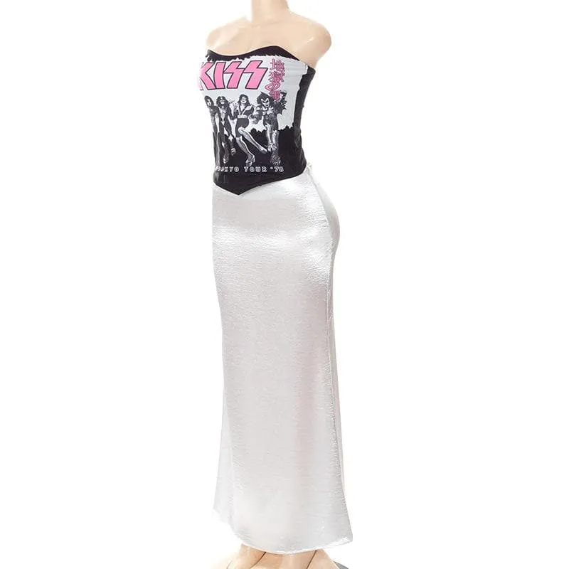 Satin abstract print contrast low cut tube top midi skirt set