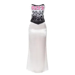Satin abstract print contrast low cut tube top midi skirt set