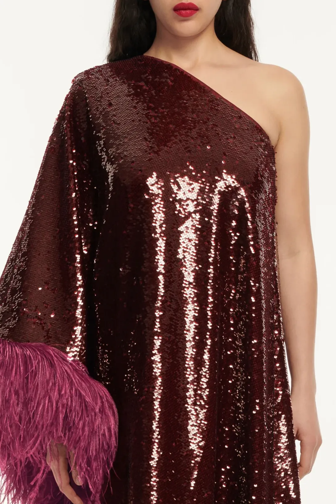 Sequin Midi Dress w/ Feathers | Maroon