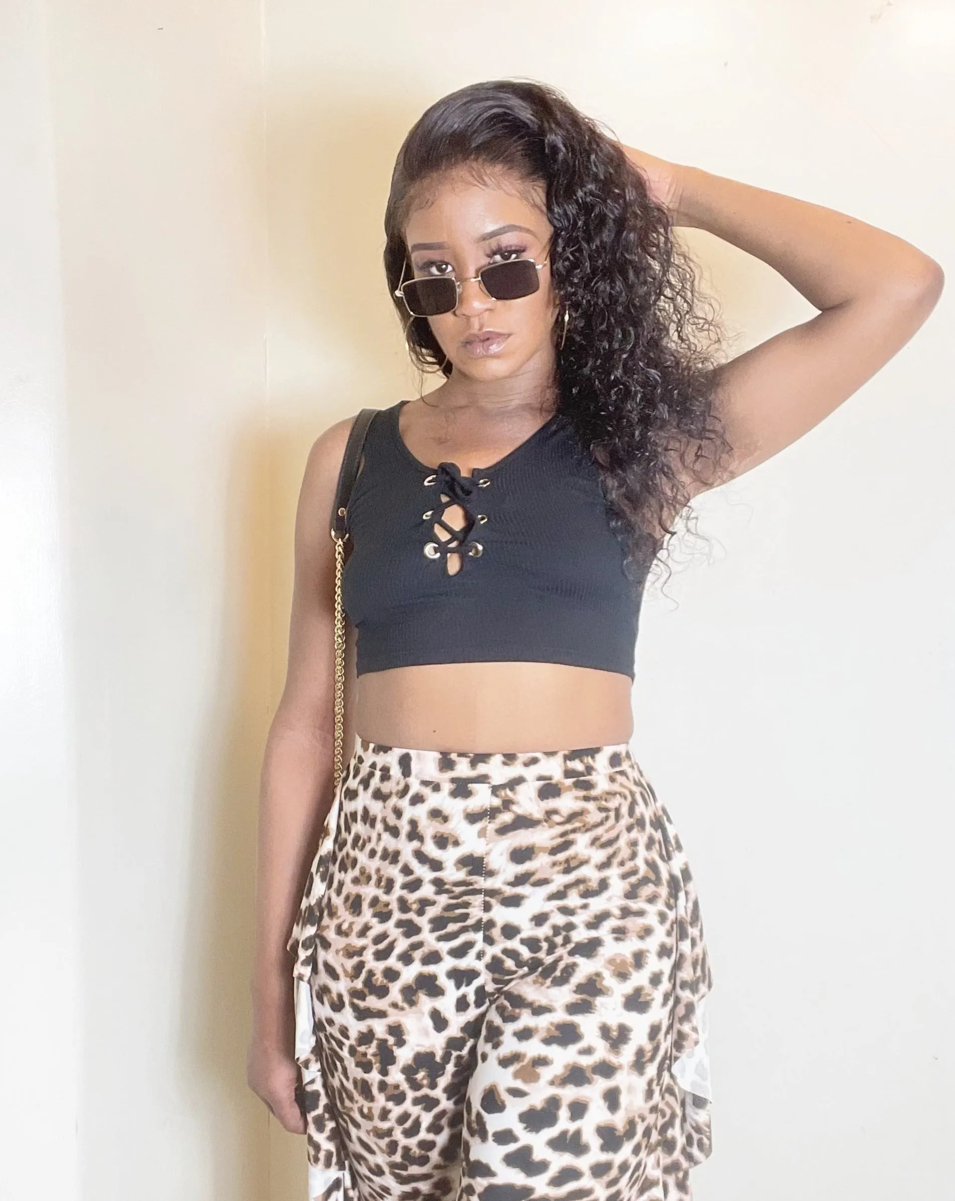 Side Ruffle Cheetah Print Bell-Bottom Pants