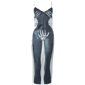 Skull pattern v neck backless contrast zip-up cami midi dress